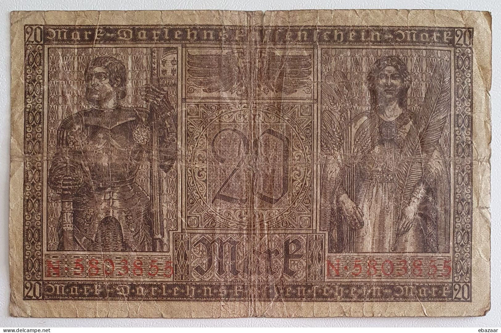 Germany 20 Mark 20.02.1918 Banknote P-57 Circulated With Fold - 20 Mark