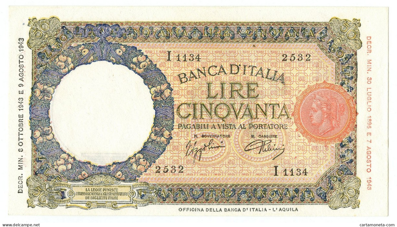 50 LIRE CAPRANESI LUPA CAPITOLINA MARG. STRETTO RETRO BI RSI 08/10/1943 QFDS - Sonstige