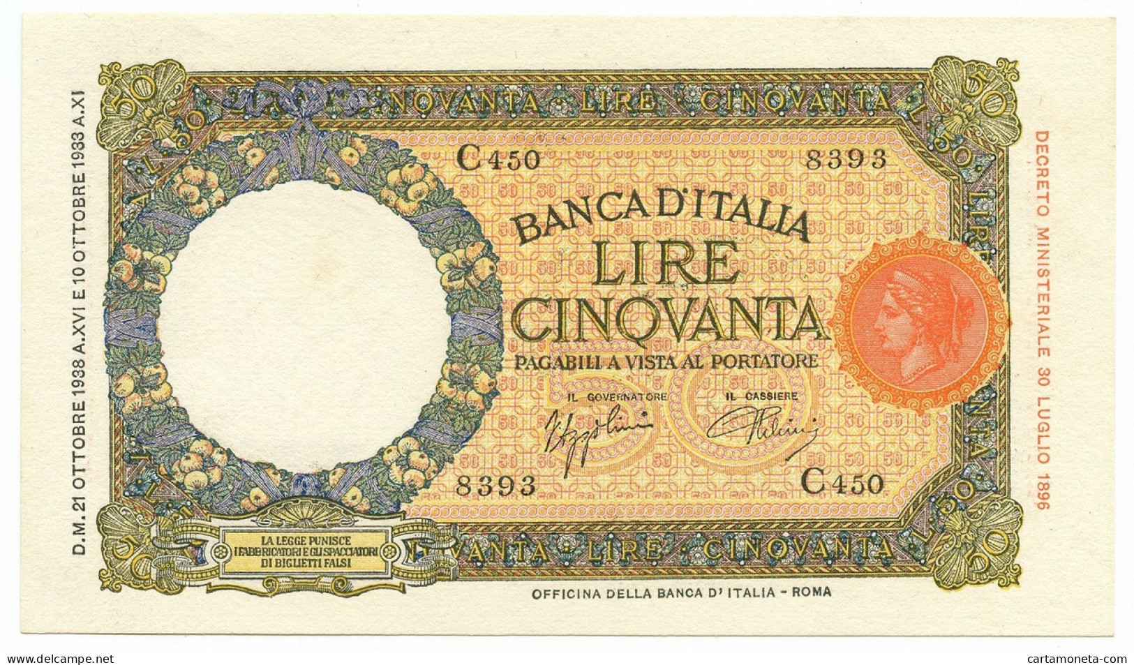 50 LIRE CAPRANESI LUPA CAPITOLINA MARGINE LARGO FASCIO ROMA 21/10/1938 QFDS - Regno D'Italia - Altri