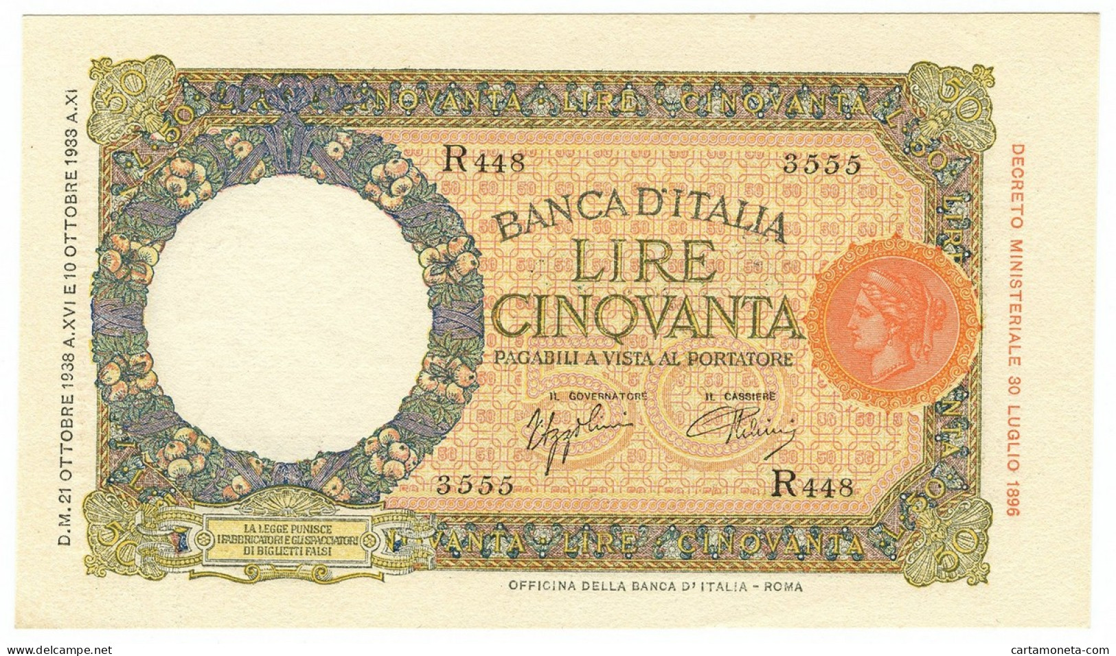 50 LIRE CAPRANESI LUPA CAPITOLINA MARGINE LARGO FASCIO ROMA 21/10/1938 FDS-/FDS - Regno D'Italia – Autres