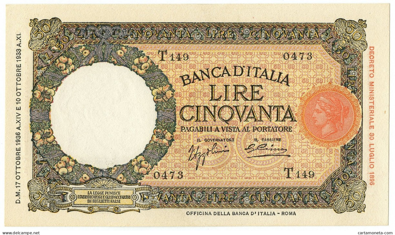 50 LIRE CAPRANESI LUPA CAPITOLINA MARGINE LARGO FASCIO ROMA 17/10/1936 QFDS - Regno D'Italia – Other