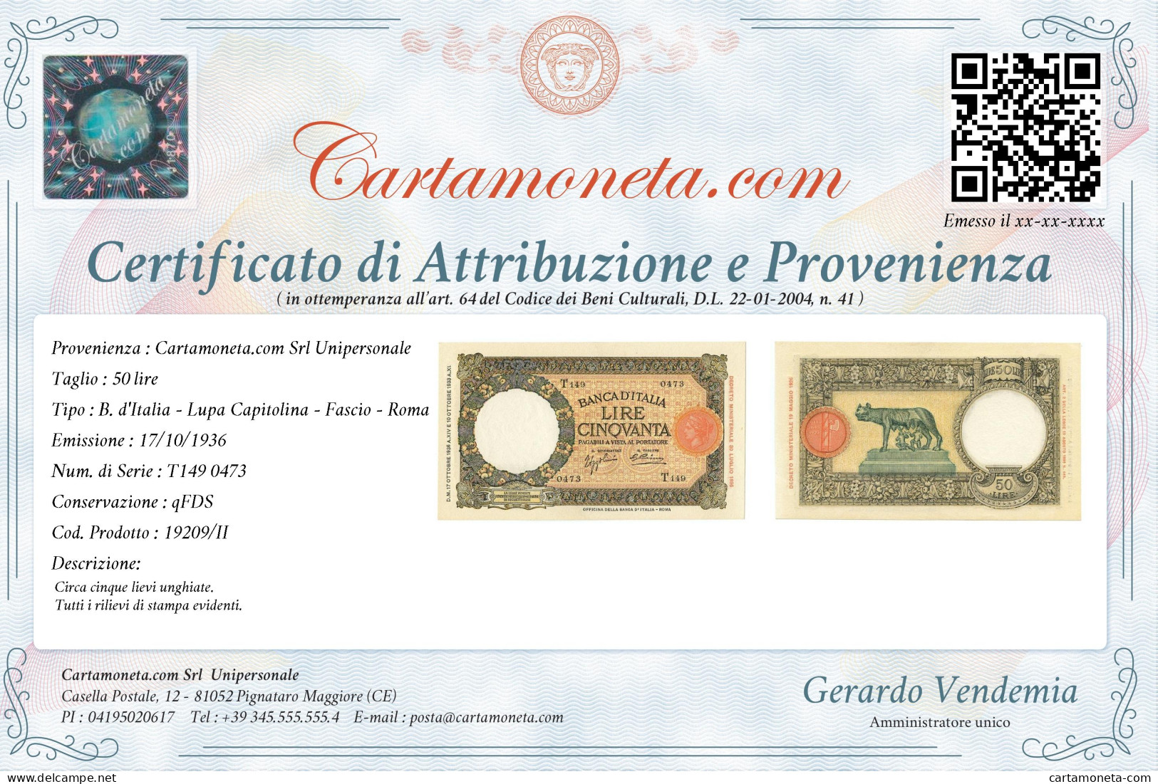 50 LIRE CAPRANESI LUPA CAPITOLINA MARGINE LARGO FASCIO ROMA 17/10/1936 QFDS - Regno D'Italia – Other