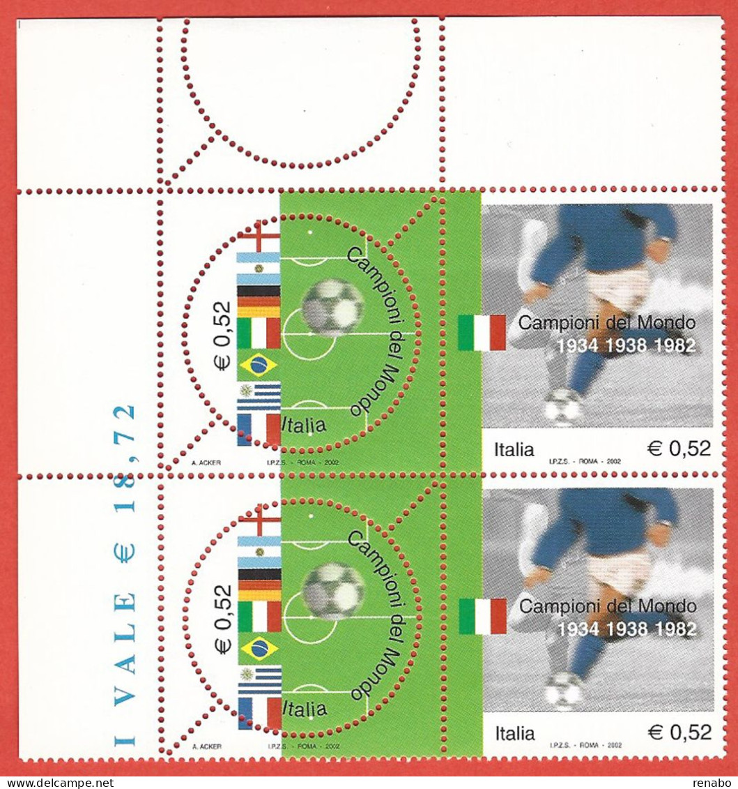 Italia 2002; Nazionali Campioni Del Mondo Di Calcio, 2 Serie Complete In Dittico, Congiunta; Angolo Superiore. - 2001-10: Mint/hinged