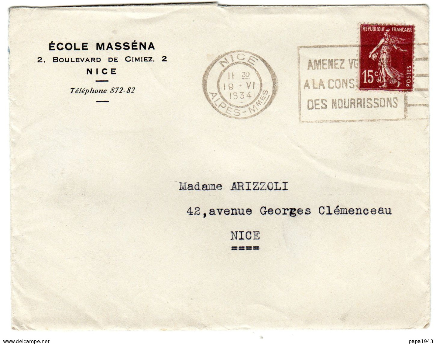 1934  "  ECOLE MASSENA à NICE " - Briefe U. Dokumente