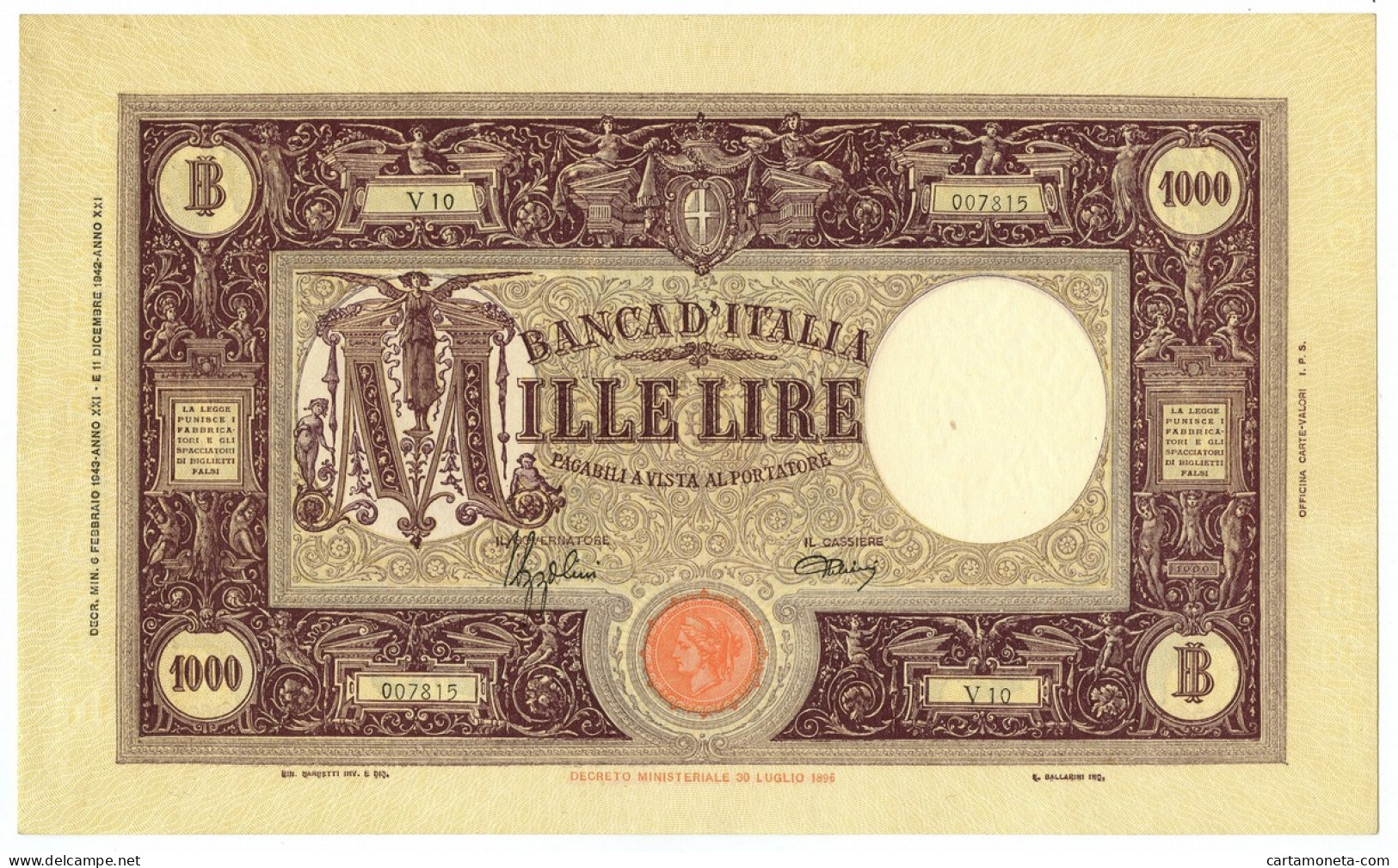 1000 LIRE BARBETTI GRANDE M TESTINA FASCIO II TIPO 06/02/1943 SUP - Regno D'Italia – Autres