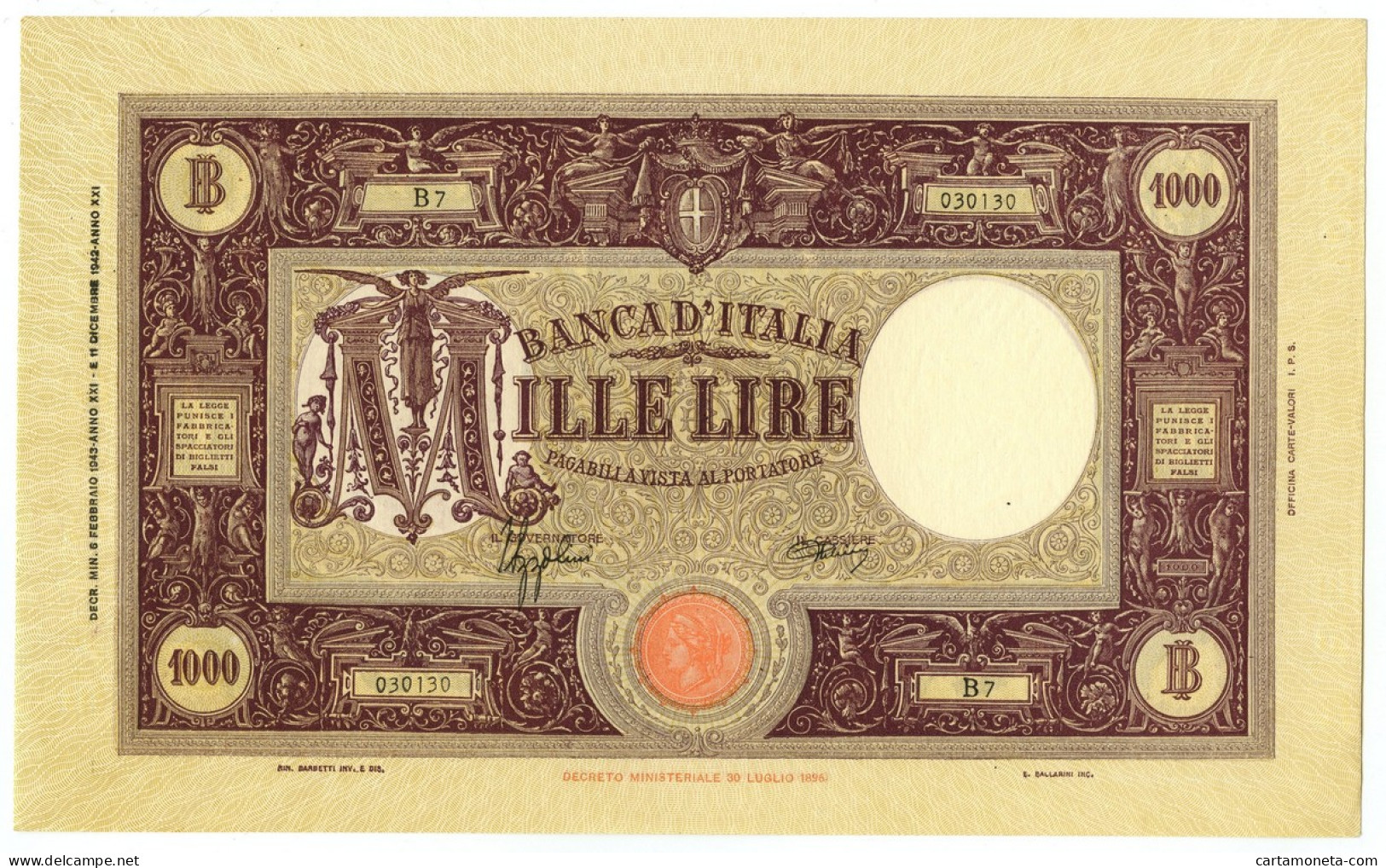 1000 LIRE BARBETTI GRANDE M TESTINA FASCIO II TIPO 06/02/1943 SUP+ - Regno D'Italia – Autres