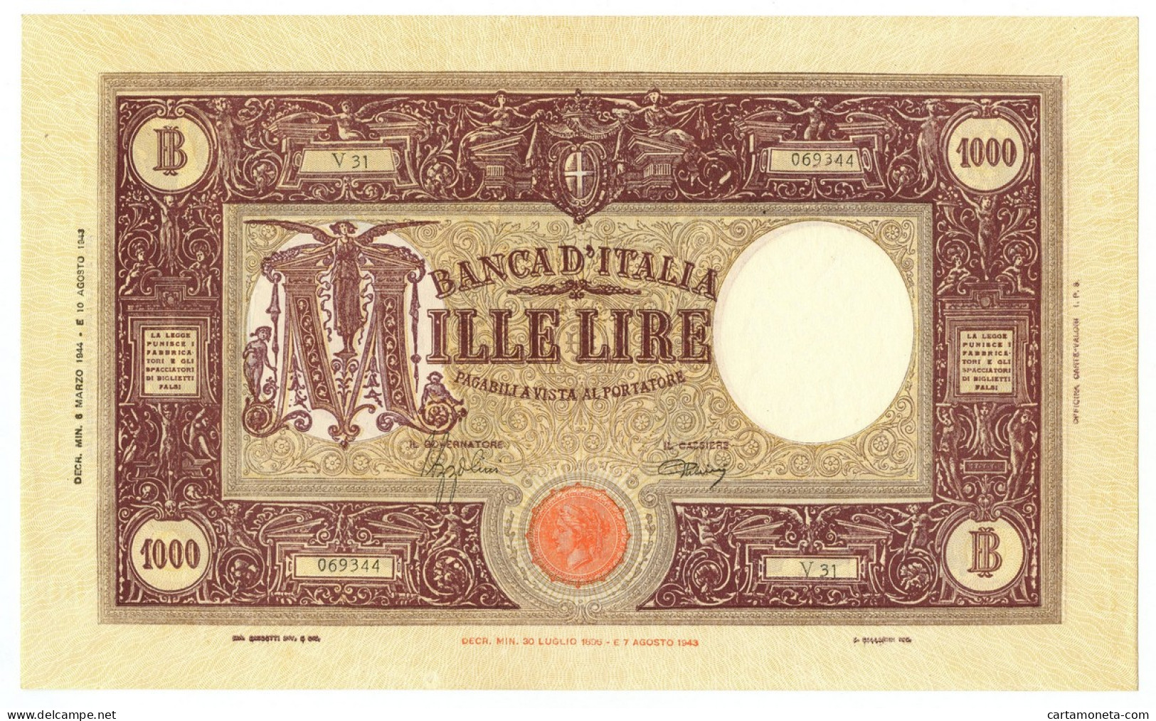 1000 LIRE BARBETTI GRANDE M TESTINA RETRO BI RSI 06/03/1944 SPL+ - Regno D'Italia – Other