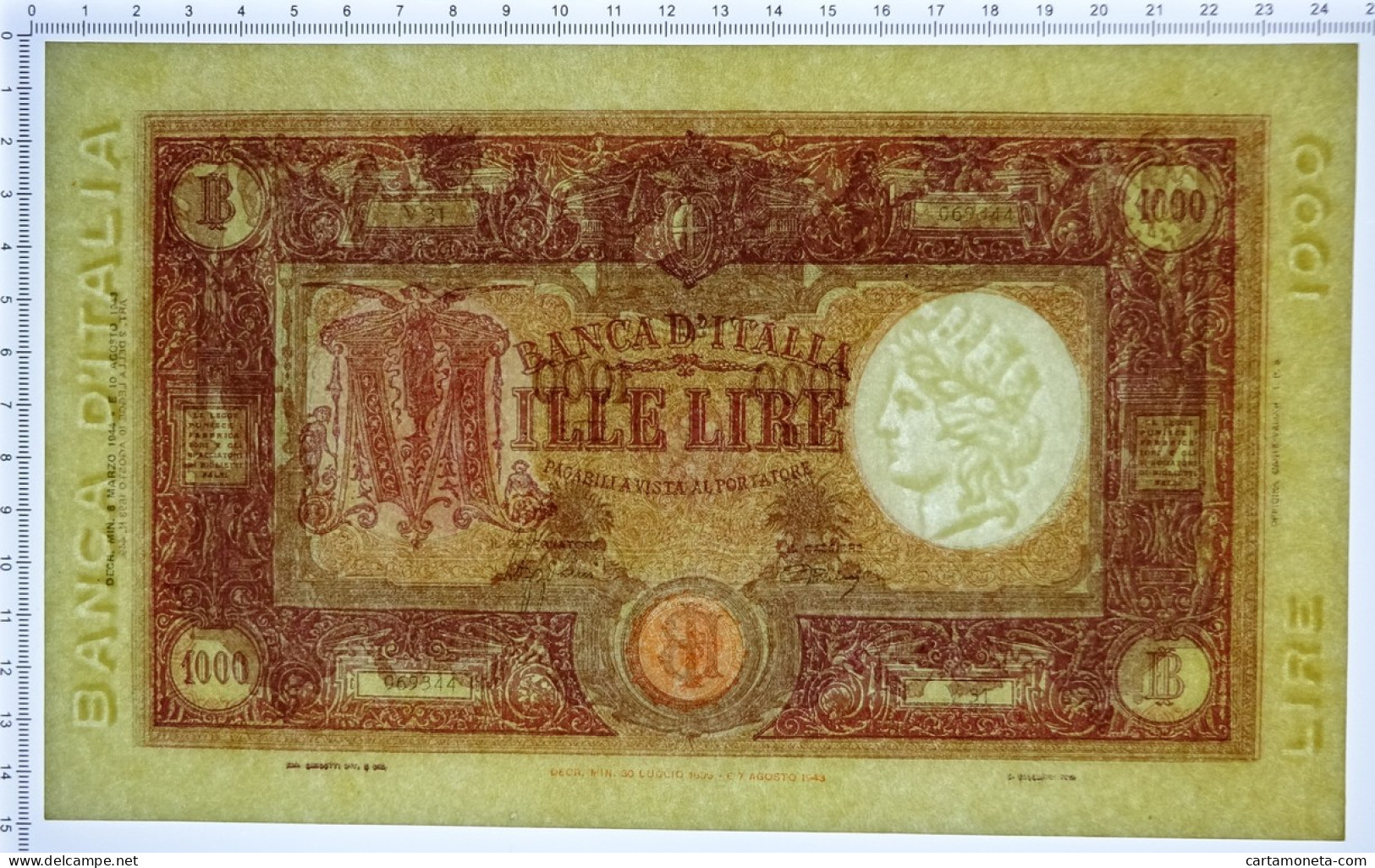 1000 LIRE BARBETTI GRANDE M TESTINA RETRO BI RSI 06/03/1944 SPL+ - Regno D'Italia - Altri