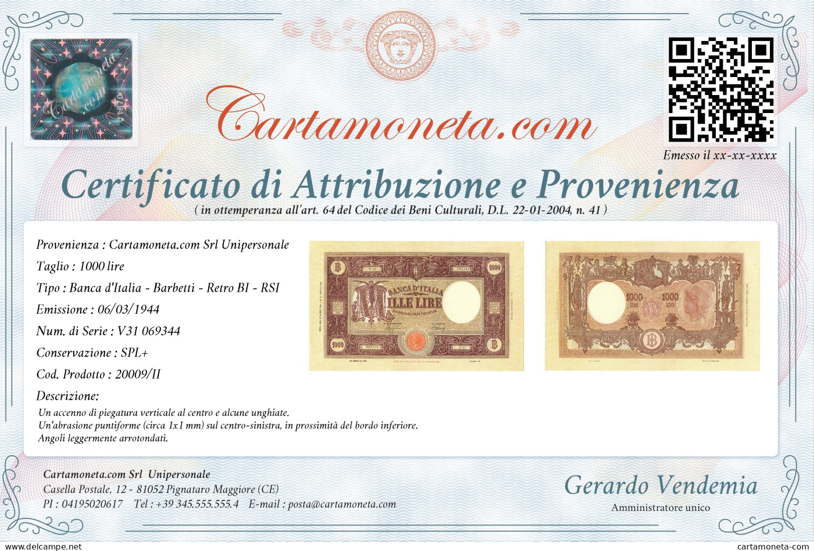 1000 LIRE BARBETTI GRANDE M TESTINA RETRO BI RSI 06/03/1944 SPL+ - Regno D'Italia – Autres