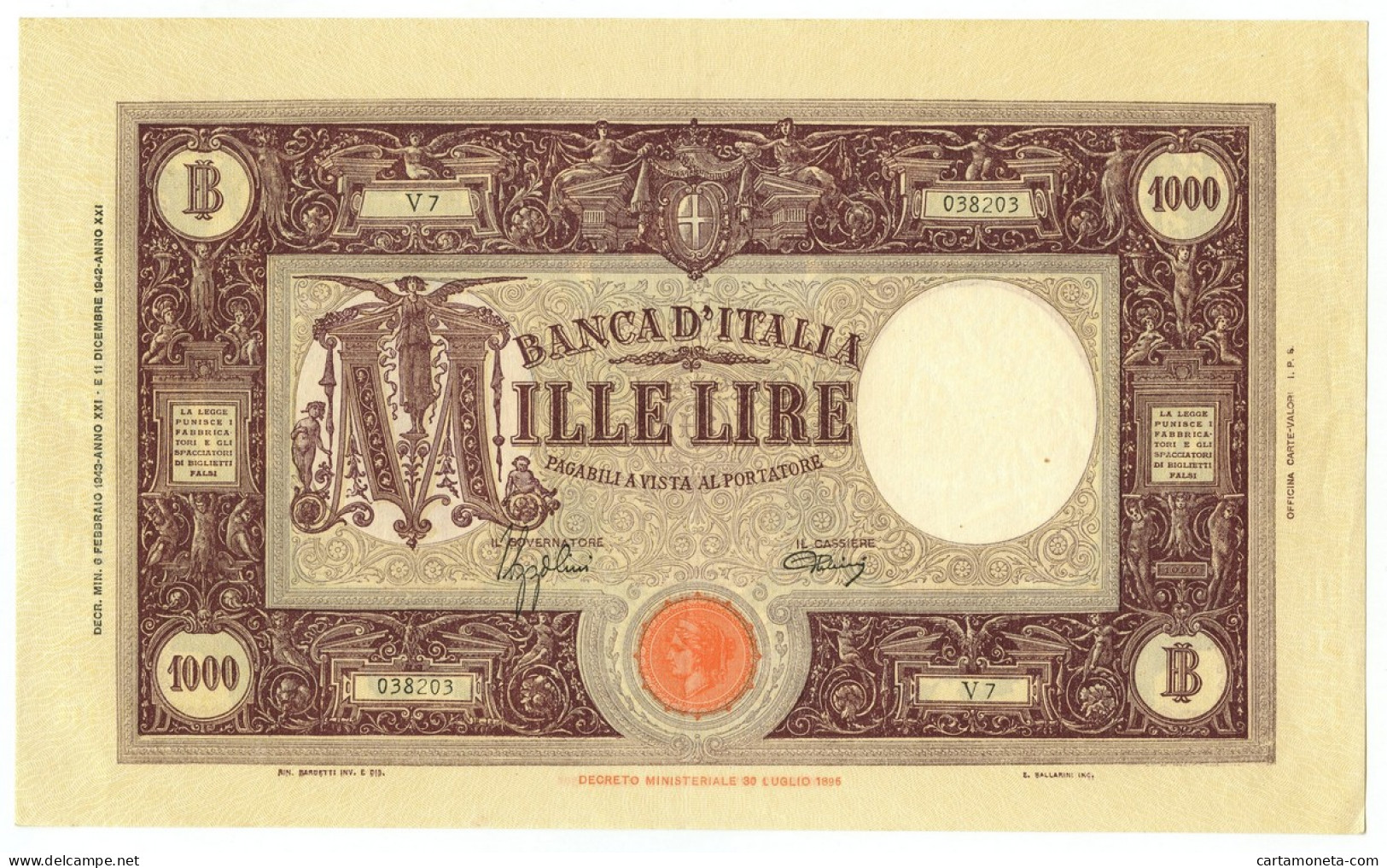 1000 LIRE BARBETTI GRANDE M TESTINA FASCIO II TIPO 06/02/1943 SPL/SPL+ - Regno D'Italia – Other