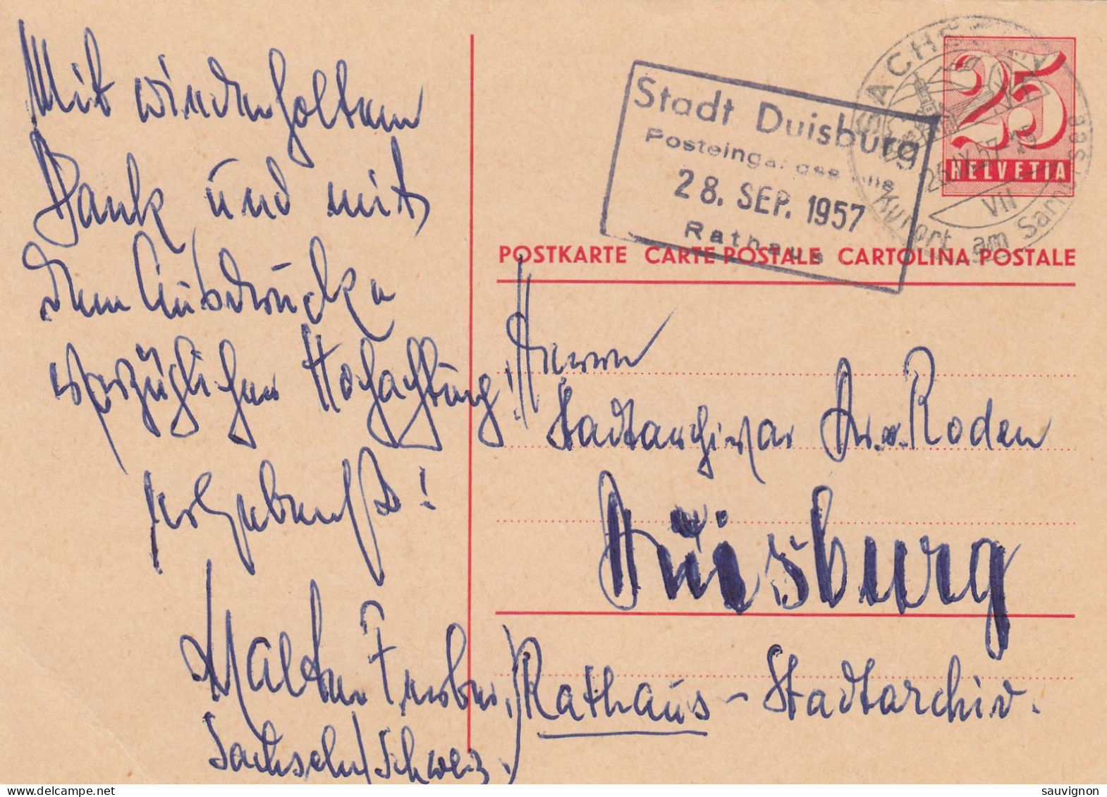 Schweiz. 25 Rappen Postkarte (Ganzsache, Michel P 201) Mit Werbestempel Von Sachseln Am Sarnersee, 1957 - Entiers Postaux