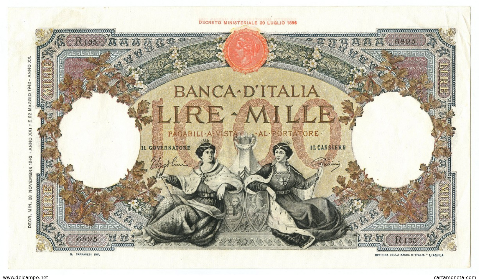 1000 LIRE CAPRANESI REPUBBLICHE MARINARE FASCIO L'AQUILA 28/11/1942 SUP - Regno D'Italia – Autres