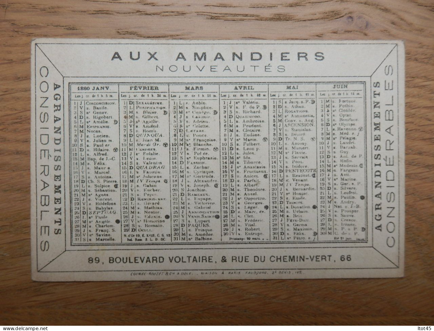 CHROMO CALENDRIER AUX AMANDIERS EMERAUDE 1880 - Other & Unclassified