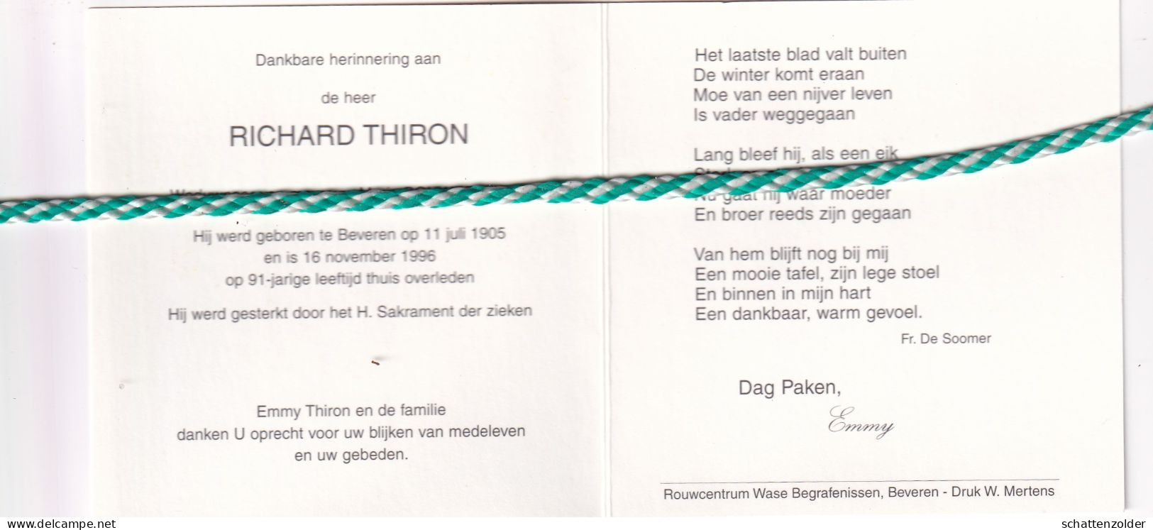Richard Thiron-Bouweraerts, Beveren 1905, 1996. Foto - Overlijden