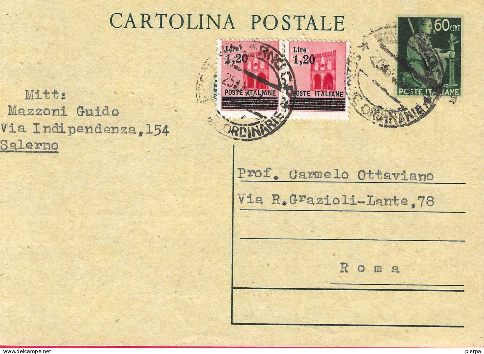 INTERO CARTOLINA DEMOCRATICA C. 60 (+1,20 X 2 MONUMENTI SOPRASTAMPATI) (INT 116)DA SALERNO *26.6.1946* PER ROMA - 1946-60: Marcophilie