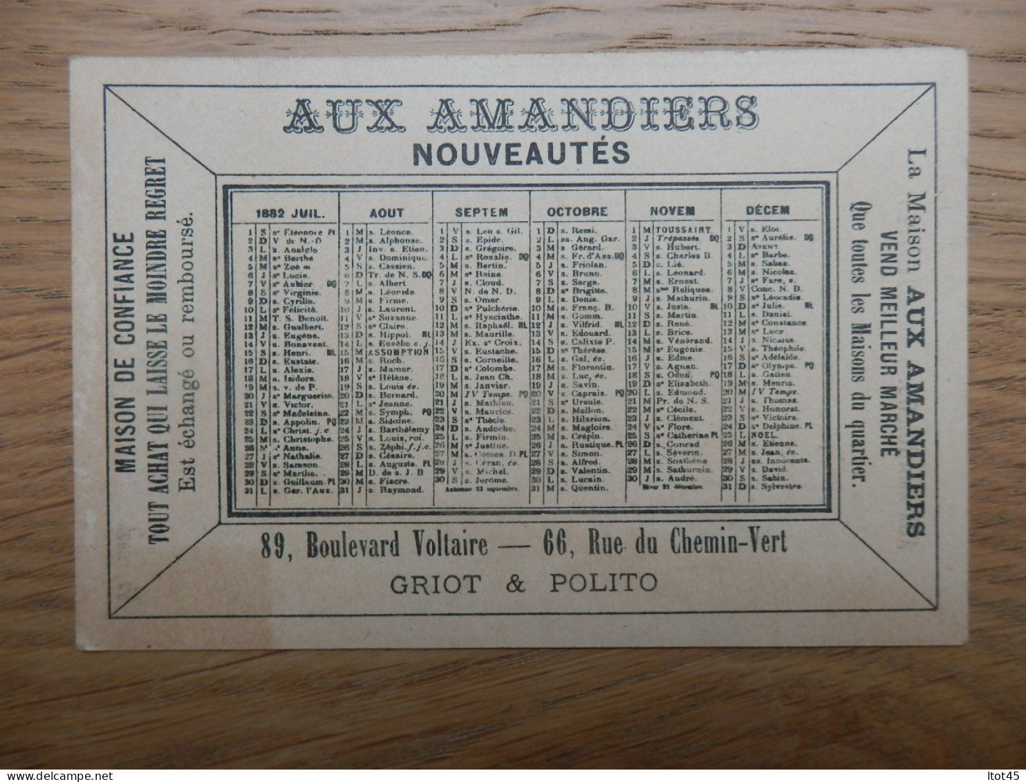 CHROMO CALENDRIER AUX AMANDIERS 1882 - Other & Unclassified