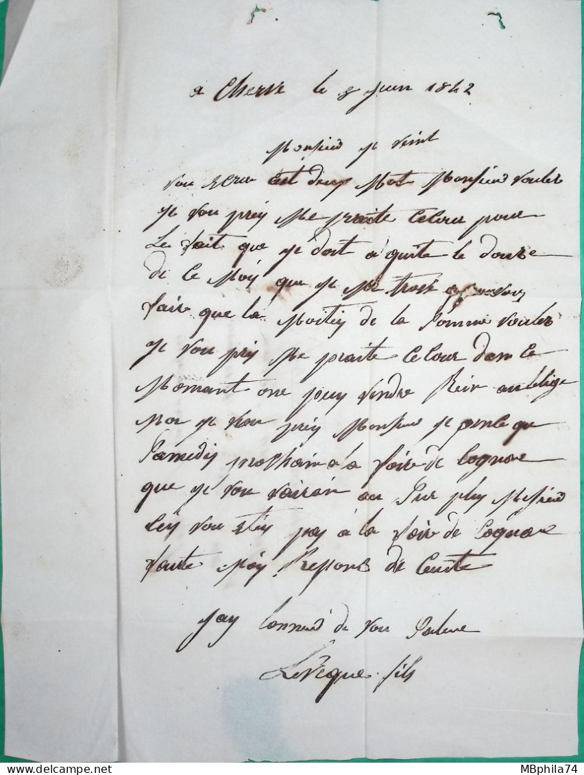 CAD TYPE 15 COGNAC CHARENTE DECIME RURAL CHERVES RICHEMONT POUR ST JEAN D'ANGELY CHARENTE INFERIEURE 1842 COVER FRANCE - 1801-1848: Précurseurs XIX