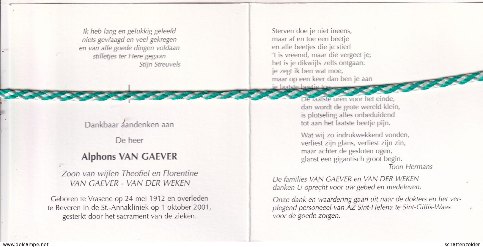 Alphonse Van Gaever-Van Der Weken, Vrasene 1912, Beveren 2001. Foto - Todesanzeige