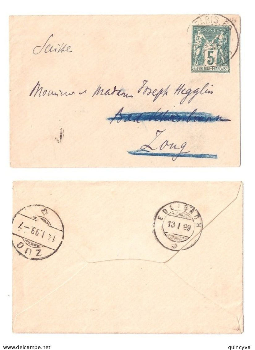 PARIS 69 Enveloppe Carte De Visite Entier 5c Sage Vert Yv 75-E1 Dest Suisse Marque Ferroviaire Et Arrivée VERSO Ob 1899 - Standard Covers & Stamped On Demand (before 1995)