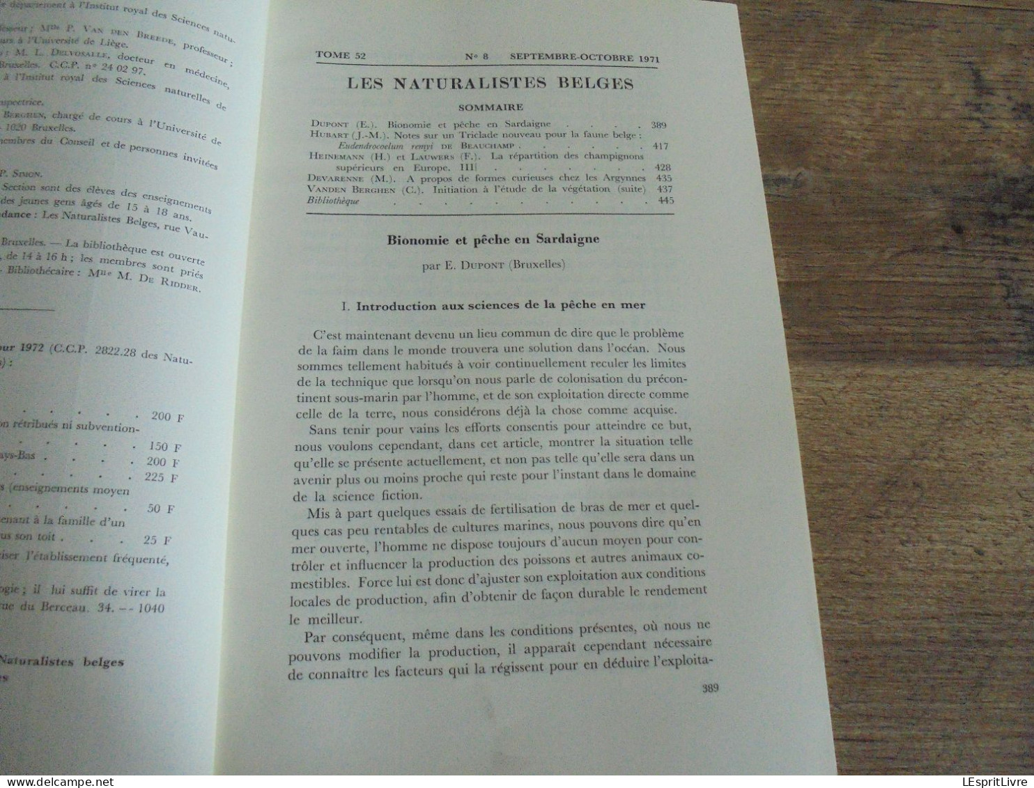 LES NATURALISTES BELGES N° 8 Année 1971 Régionalisme Pêche Sadaigne Beauchamp Champignons Végétation Botanique Flore - Belgium