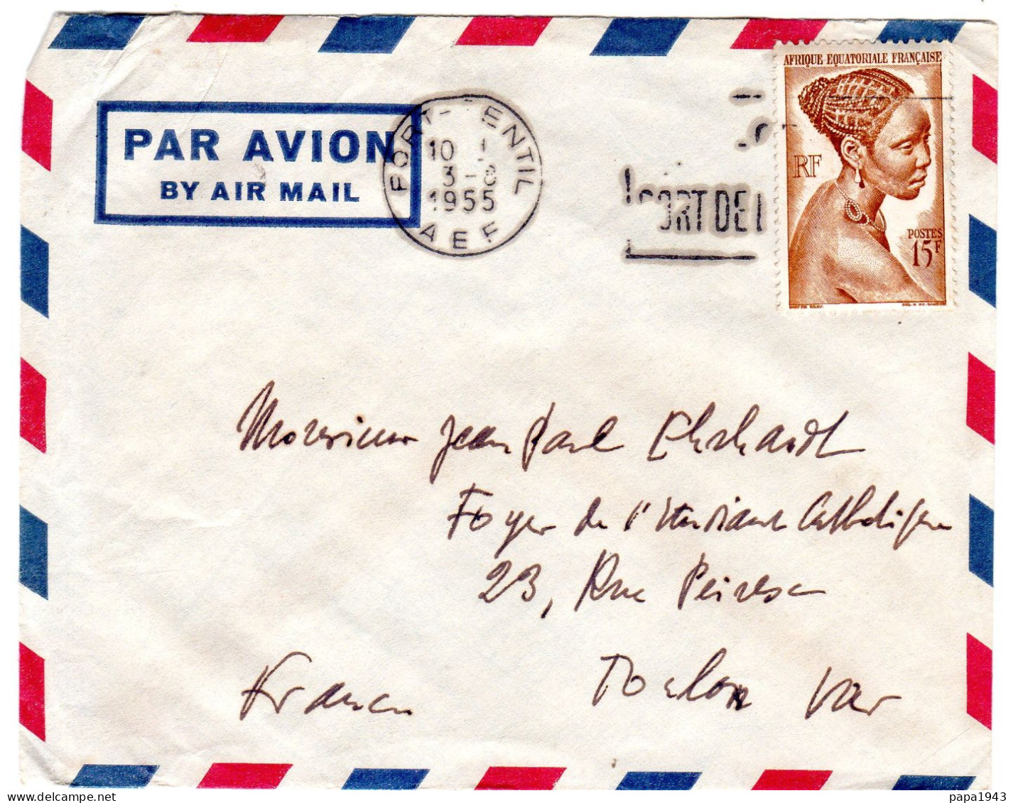 1955  CAD De PORT GENTIL  Envoyée à TOULON - Gabon (1960-...)