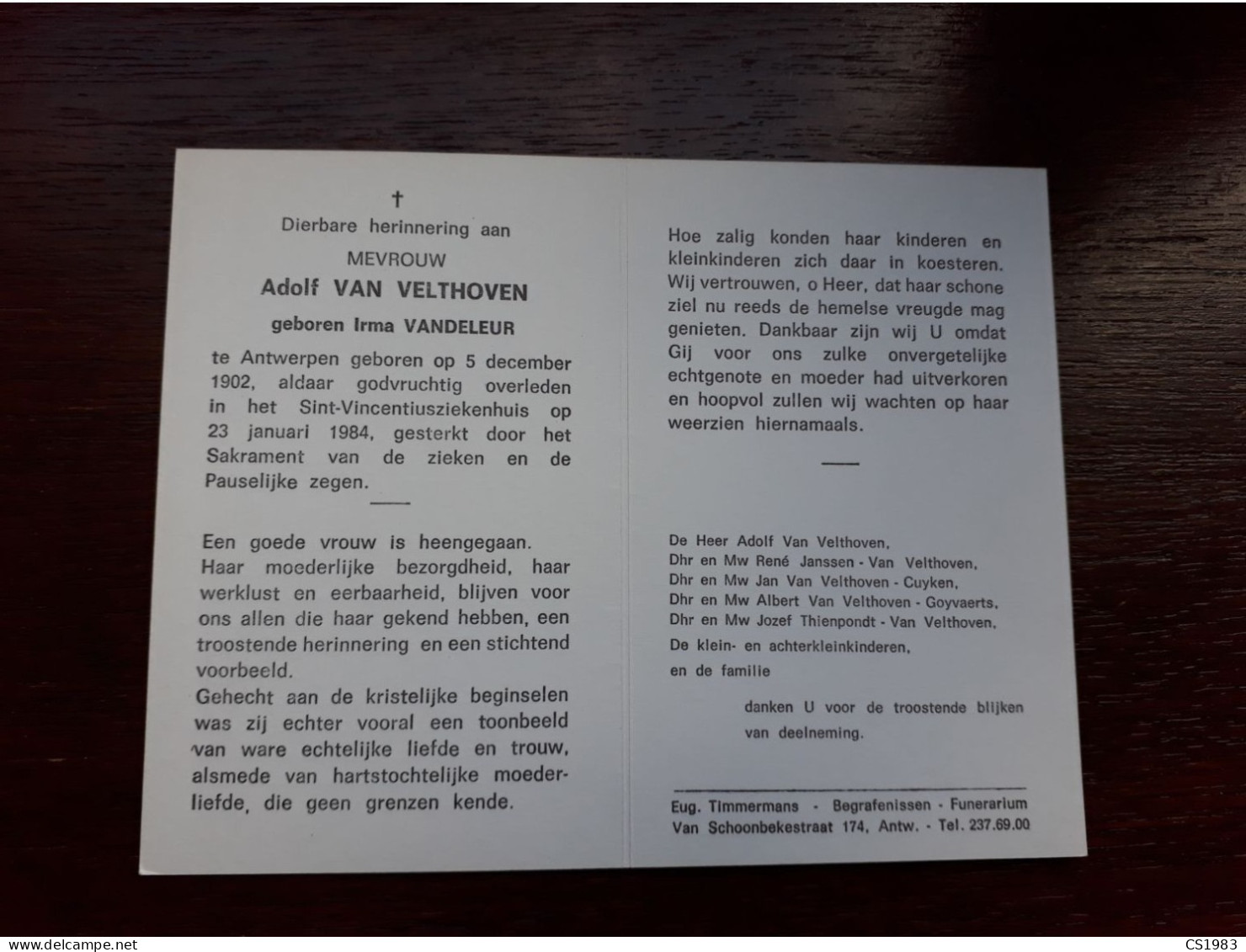 Irma Vandeleur ° Antwerpen 1902 + Antwerpen 1984 X Adolf Van Velthoven (Fam: Janssen-Cuyken-Goyvaerts-Thienpondt) - Obituary Notices