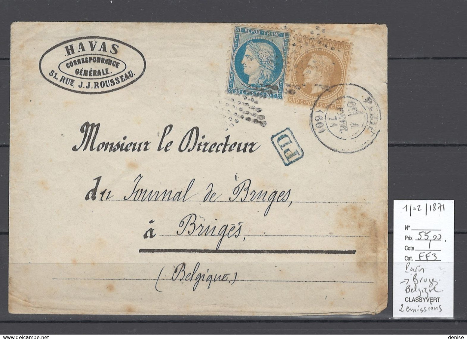 France - Lettre Paris Pour Bruges En Belgique - 01/02/1871 - Ceres Siége  Et Napoléon - 1849-1876: Classic Period