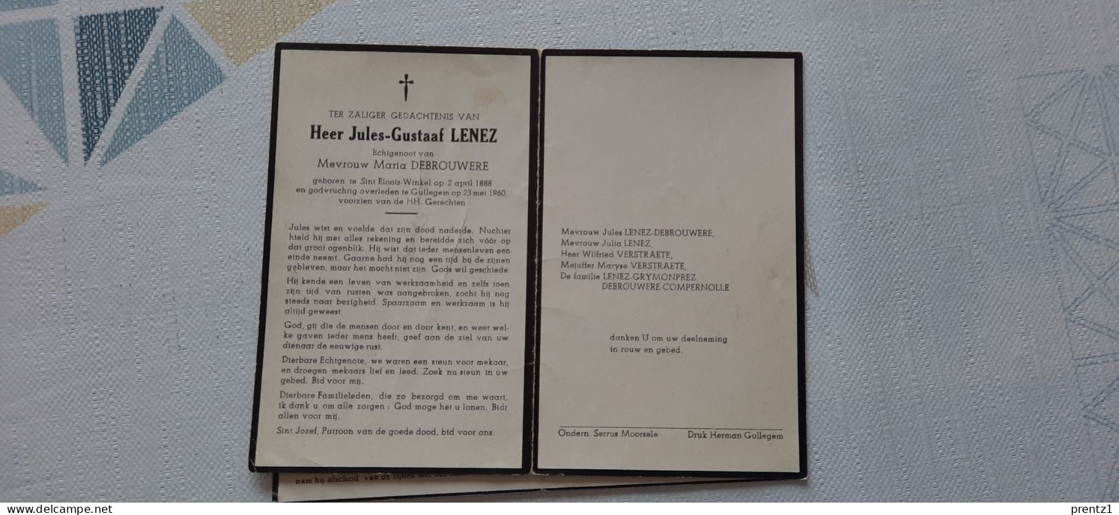 Jules Lenez Geb. Sint Eloois Winkel 2/04/1888- Getr. M. Debrouwere- Gest. Gullegem 23/05/1960 - Devotieprenten