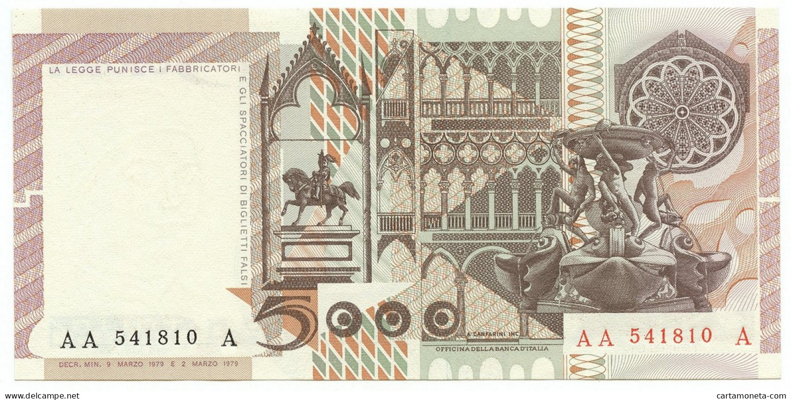 5000 LIRE RITRATTO D'UOMO A. DA MESSINA PRIMA SERIE TRIPLA A 09/03/1979 FDS-/FDS - Sonstige & Ohne Zuordnung