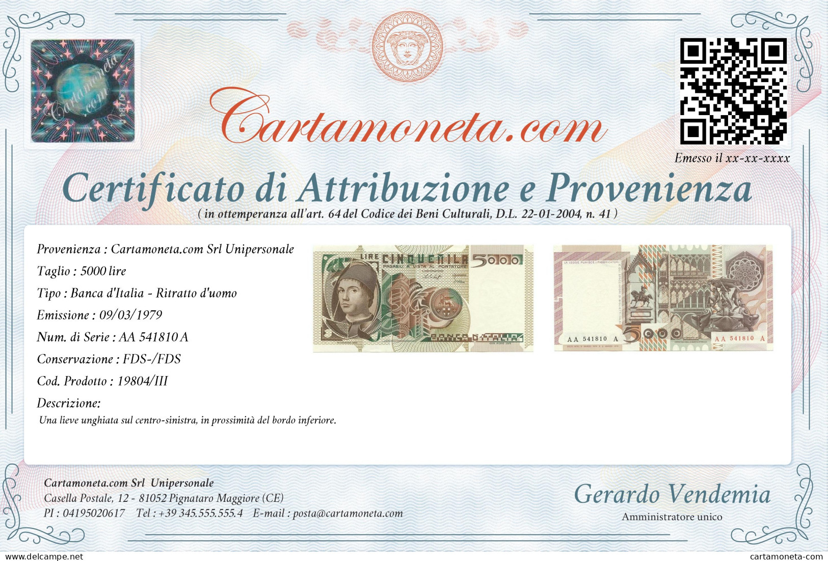 5000 LIRE RITRATTO D'UOMO A. DA MESSINA PRIMA SERIE TRIPLA A 09/03/1979 FDS-/FDS - Sonstige & Ohne Zuordnung