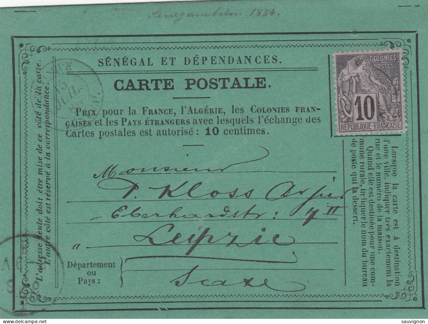 France. Senegal Et Dependances, Postcard From Rufique To Leipzig, Saxe, 15.7.1885 - Cartas & Documentos