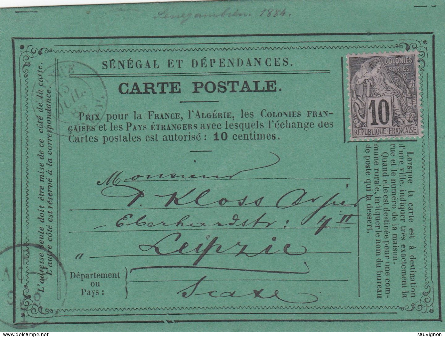 France. Senegal Et Dependances, Postcard From Rufique To Leipzig, Saxe, 15.7.1885 - Lettres & Documents