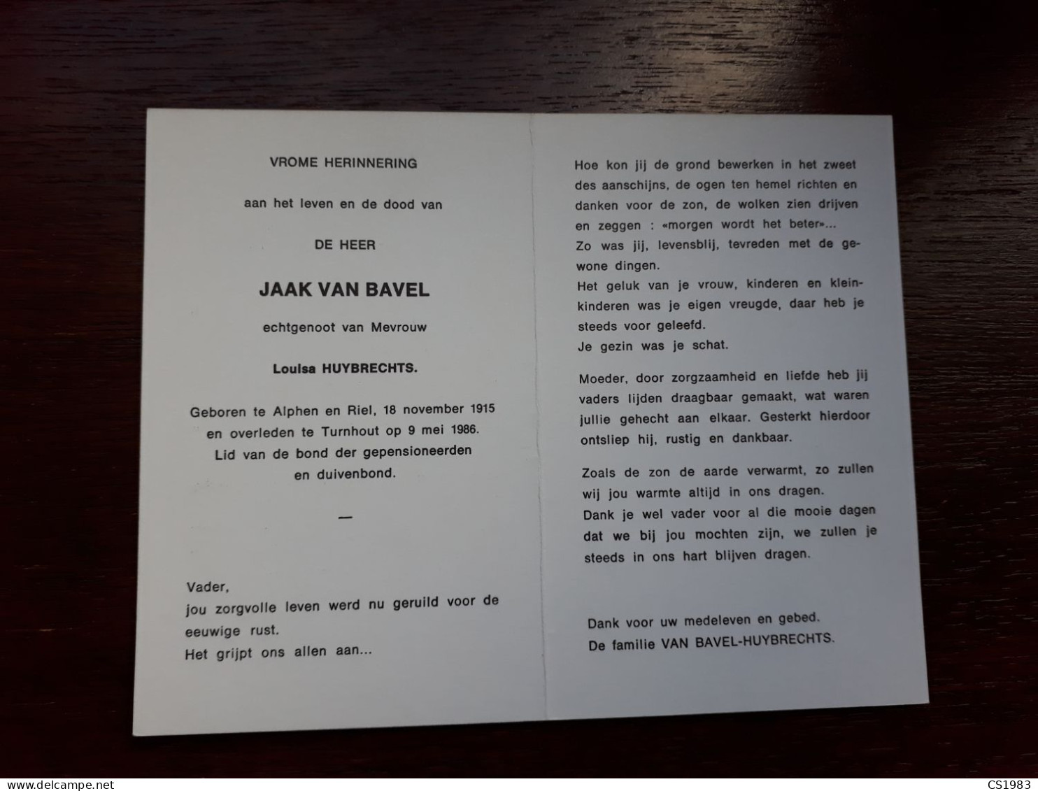 Jaak Van Bavel ° Alphen En Riel 1915 + Turnhout 1986 X Louisa Huybrechts - Obituary Notices