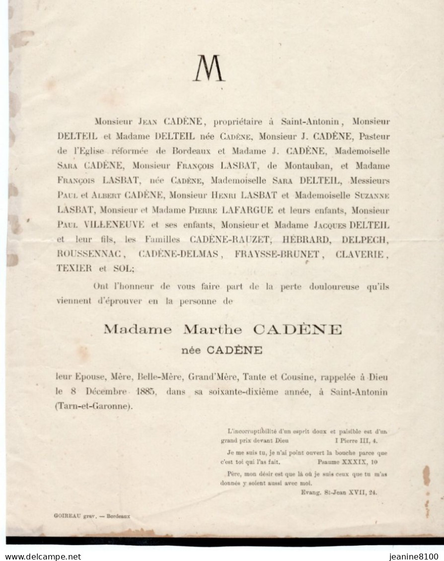 Avis De Décès 1885 à Saint - Antonin -Lot Et Garonne - Obituary Notices