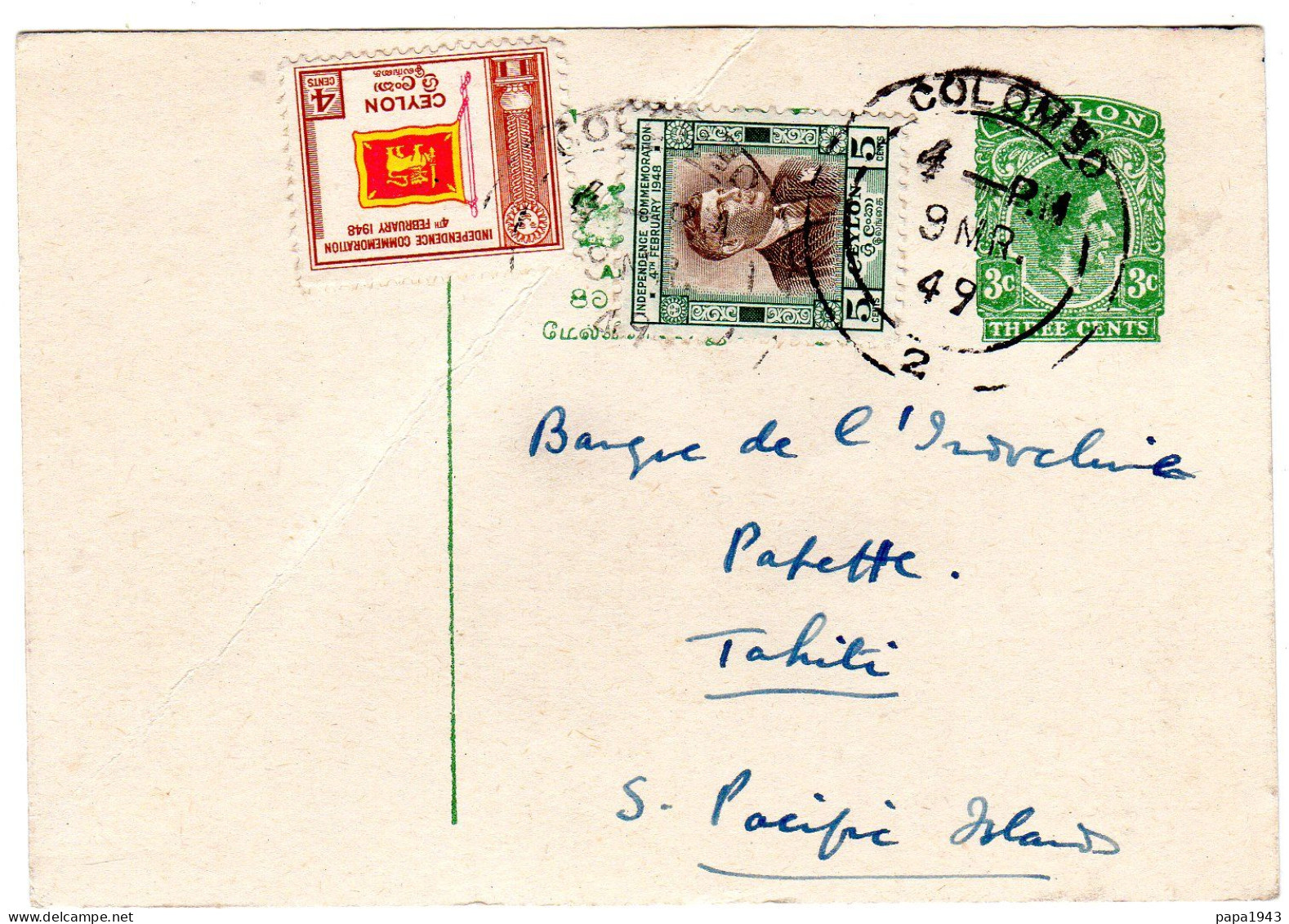 1949  CAD  De COLOMBO  Envoyée à PAPEETE  TAHITI - Sri Lanka (Ceylan) (1948-...)