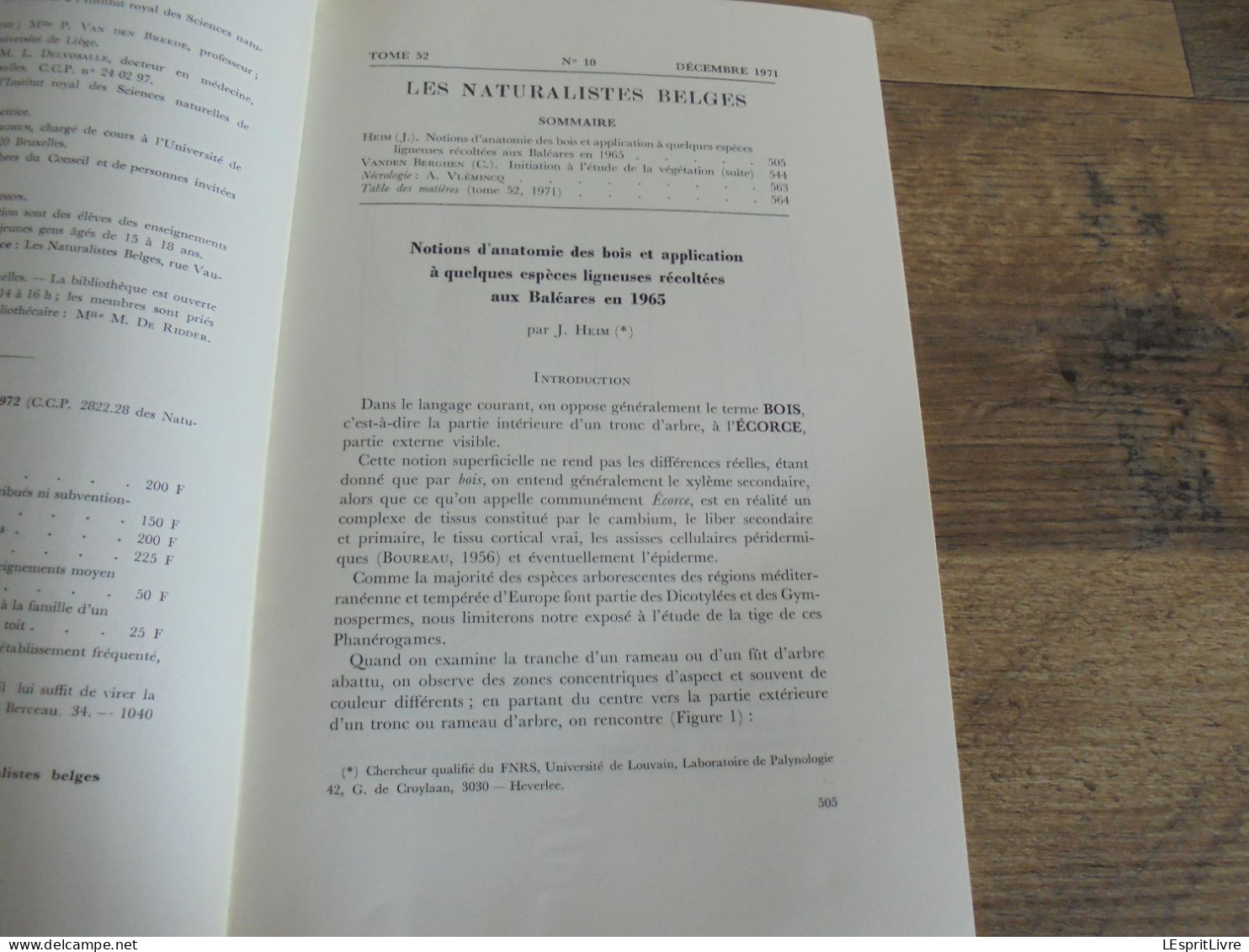 LES NATURALISTES BELGES N° 10 Année 1971 Régionalisme Anatomie Du Bois Baléares Arbres Végétation Botanique Flore - Belgique