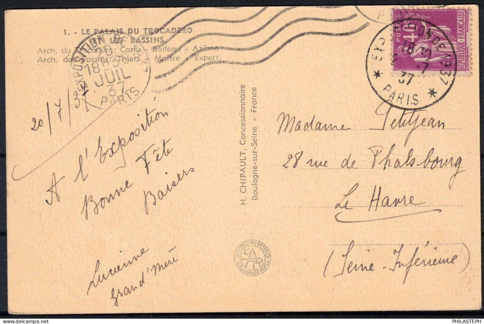 FRANCE - CACHET EXPOSITION 1937 PARIS DISTRIBUTION Sur Carte De L'exposition 20 Juillet 1937 Pour Le Havre - Oblitérations Mécaniques (Autres)