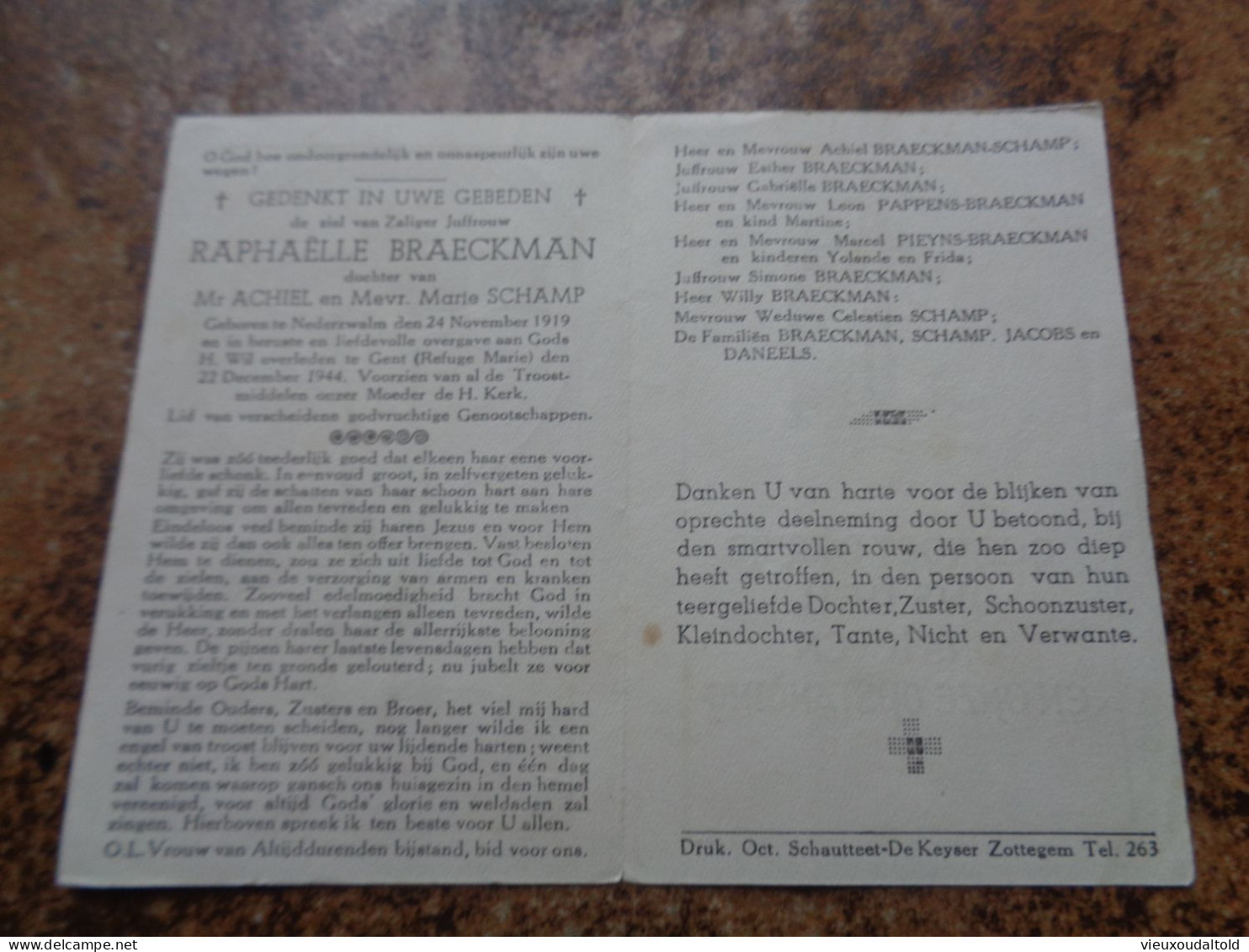 Doodsprentje/Bidprentje  RAPHAËLLE BRAECKMAN   Nederzwalm 1919-1944 Gent  (dchtr Achiel & Marie SCHAMP) - Godsdienst & Esoterisme