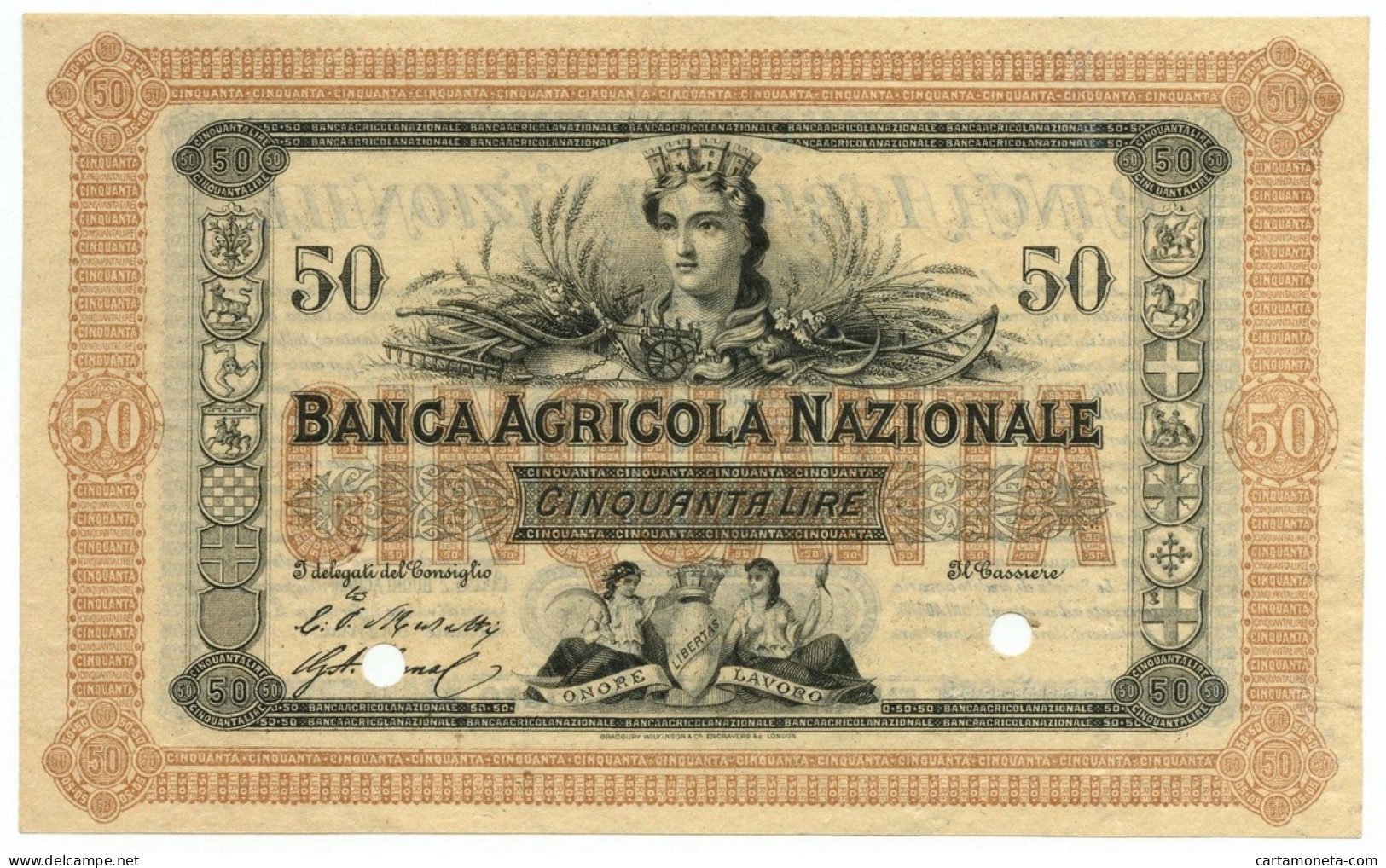 50 LIRE SPECIMEN BANCA AGRICOLA NAZIONALE 01/06/1870 QFDS - Otros & Sin Clasificación