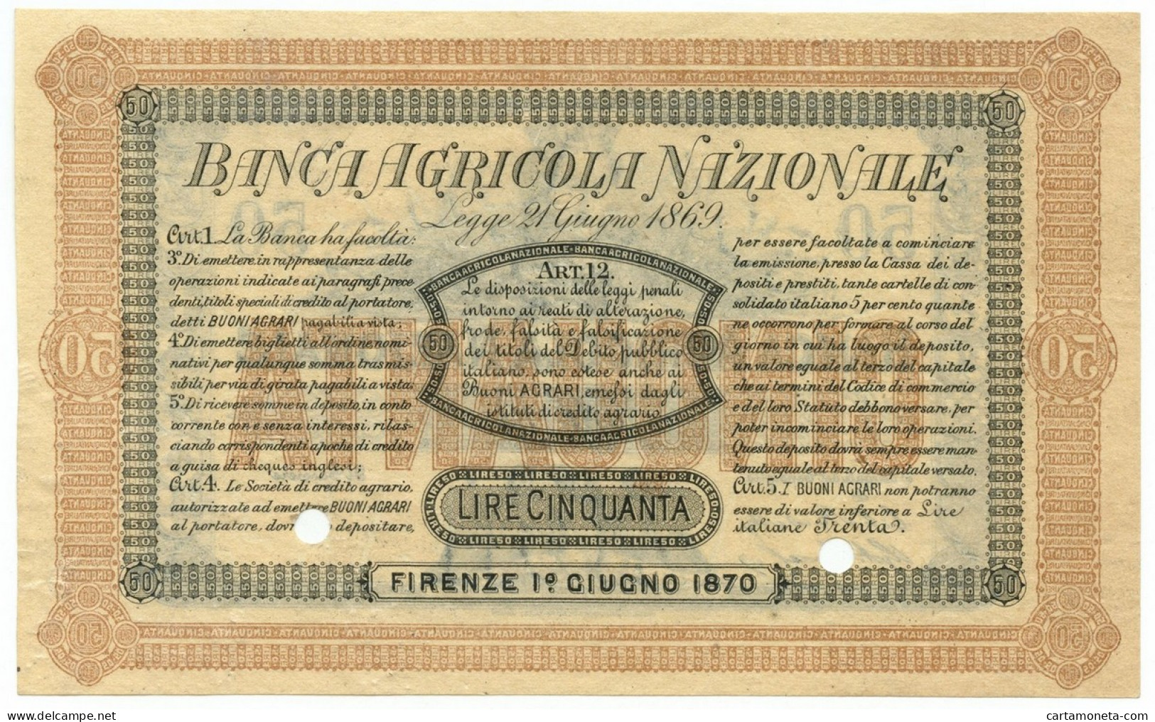 50 LIRE SPECIMEN BANCA AGRICOLA NAZIONALE 01/06/1870 QFDS - Other & Unclassified