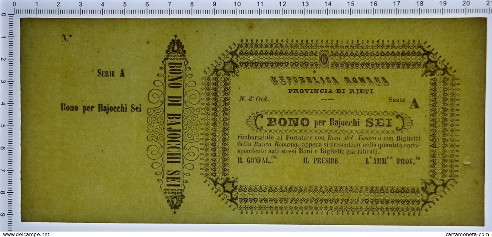 6 BAJOCCHI NON EMESSO CON MATRICE PROVINCIA RIETI REP. ROMANA 06/04/1849 SUP- - Sonstige & Ohne Zuordnung