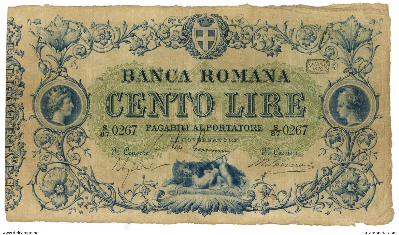 100 LIRE BANCA ROMANA REGNO D'ITALIA 1872 QBB - Other & Unclassified