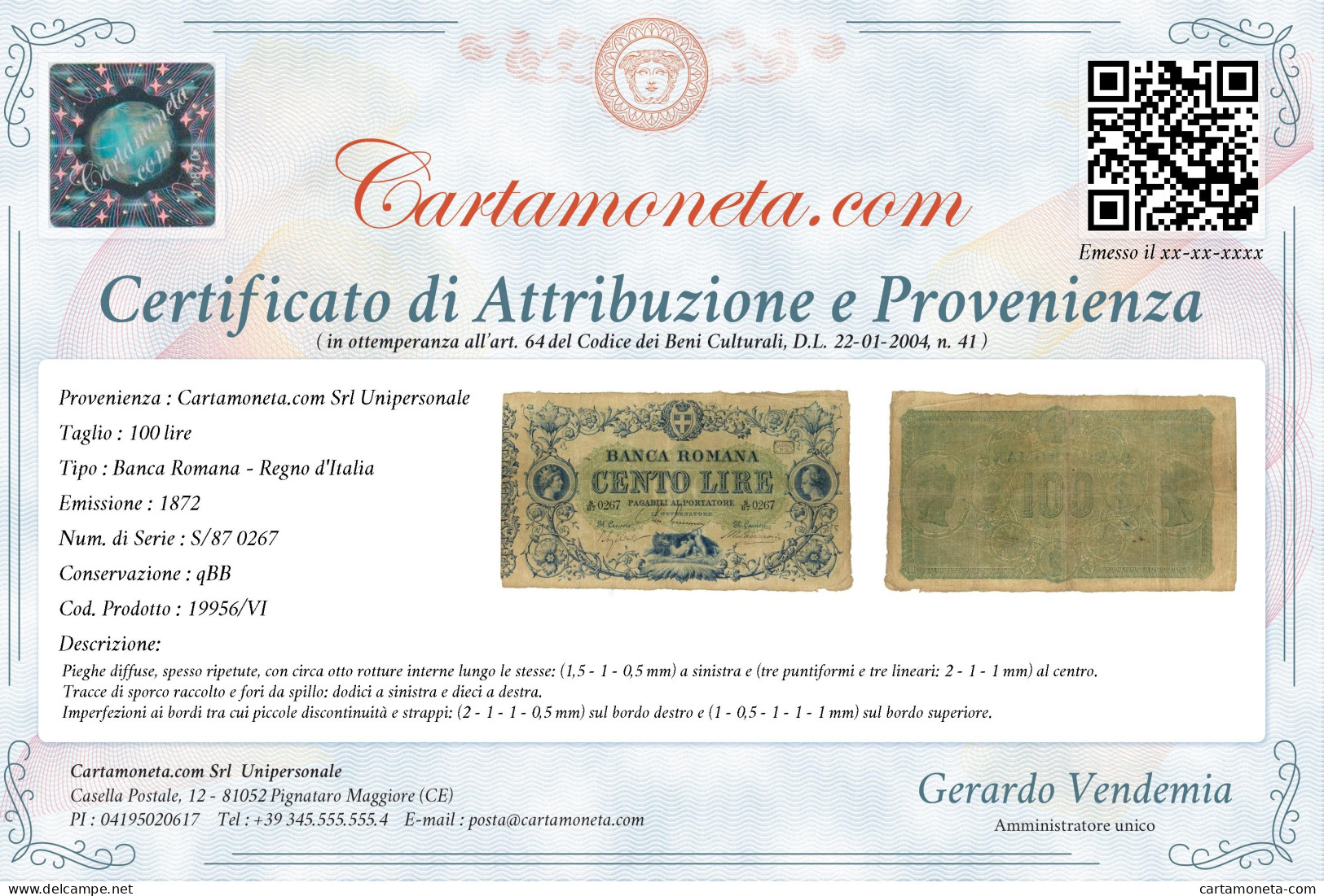 100 LIRE BANCA ROMANA REGNO D'ITALIA 1872 QBB - Other & Unclassified