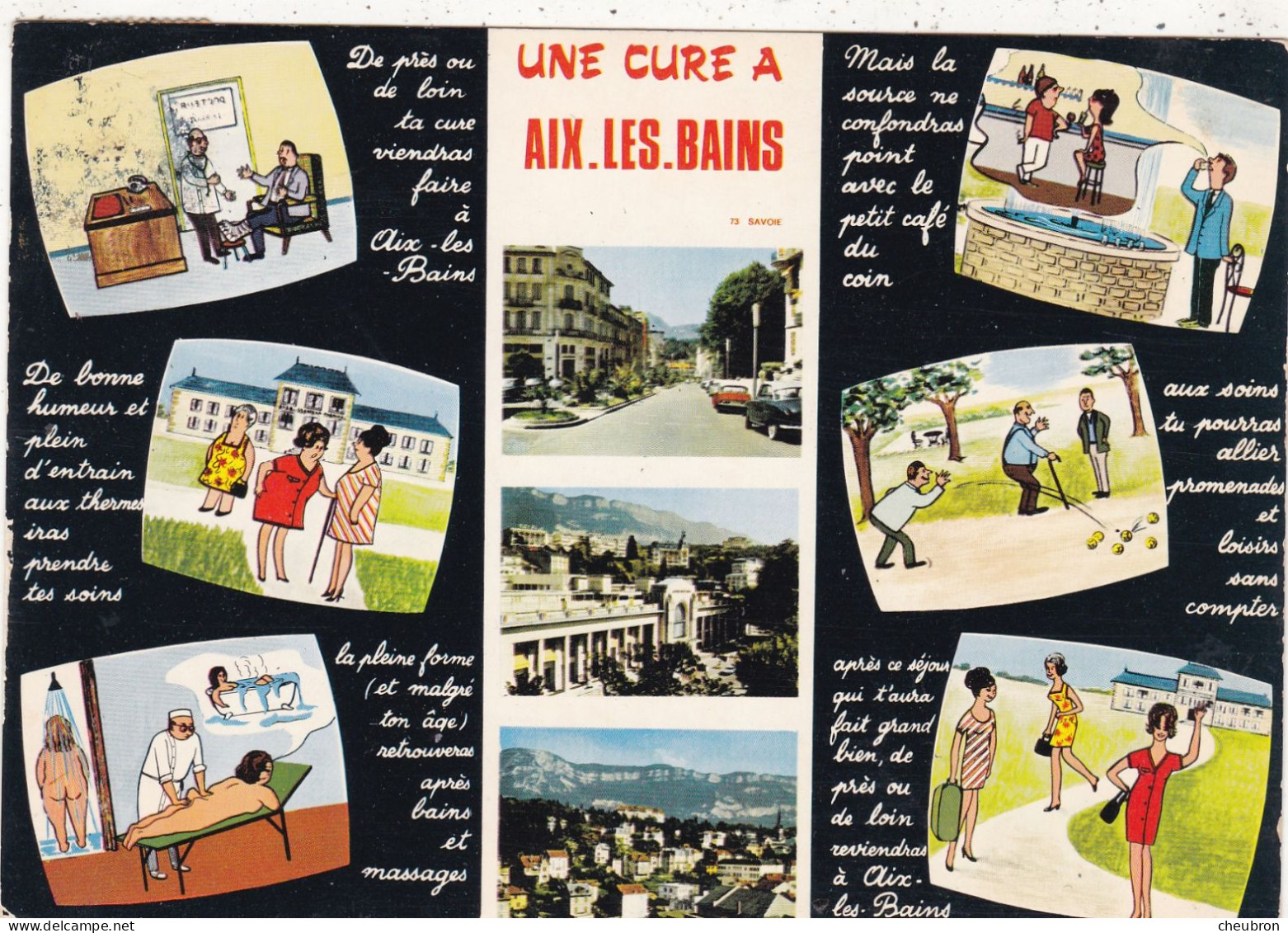 73. AIX LES BAINS. CPSM. MULTIVUES HUMOUR ET ILLUSTRATION. " UNE CURE A AIX LES BAINS "   ANNEE 1971 + TEXTE - Aix Les Bains