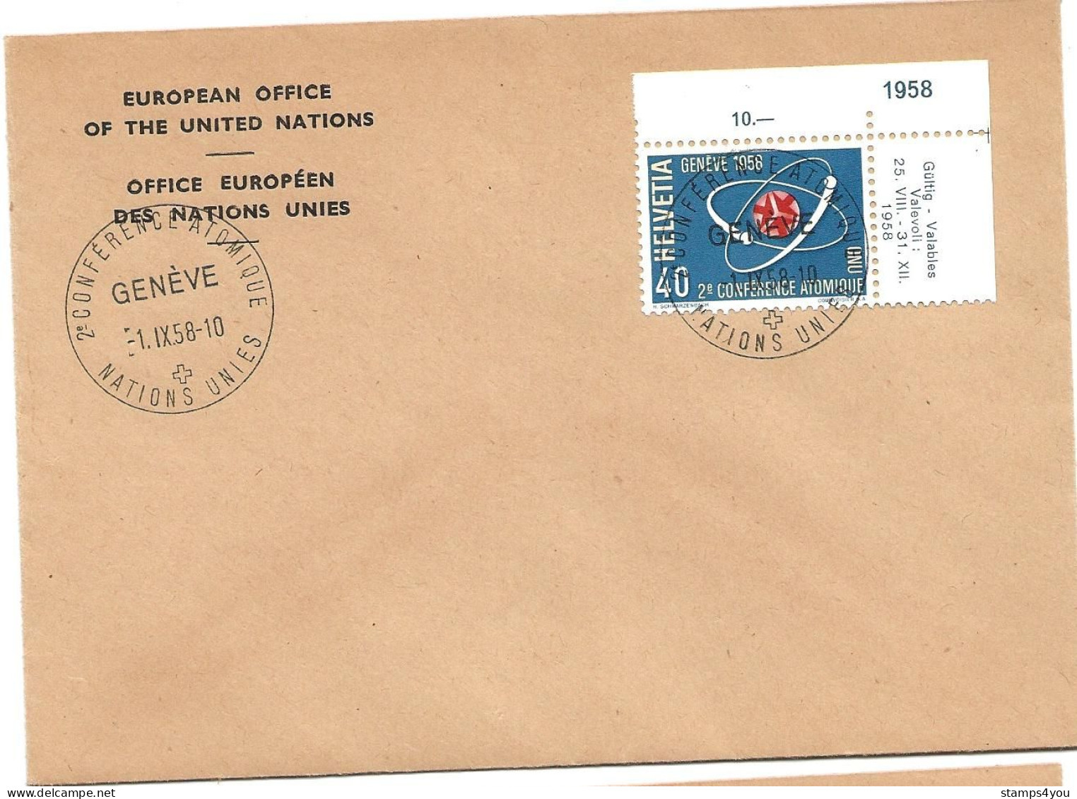 CH - 179 - Enveloppe Avec Timbre Et Oblit Spéciale "2ème Conférence Atomique Nations Unies 1958" - Marcophilie