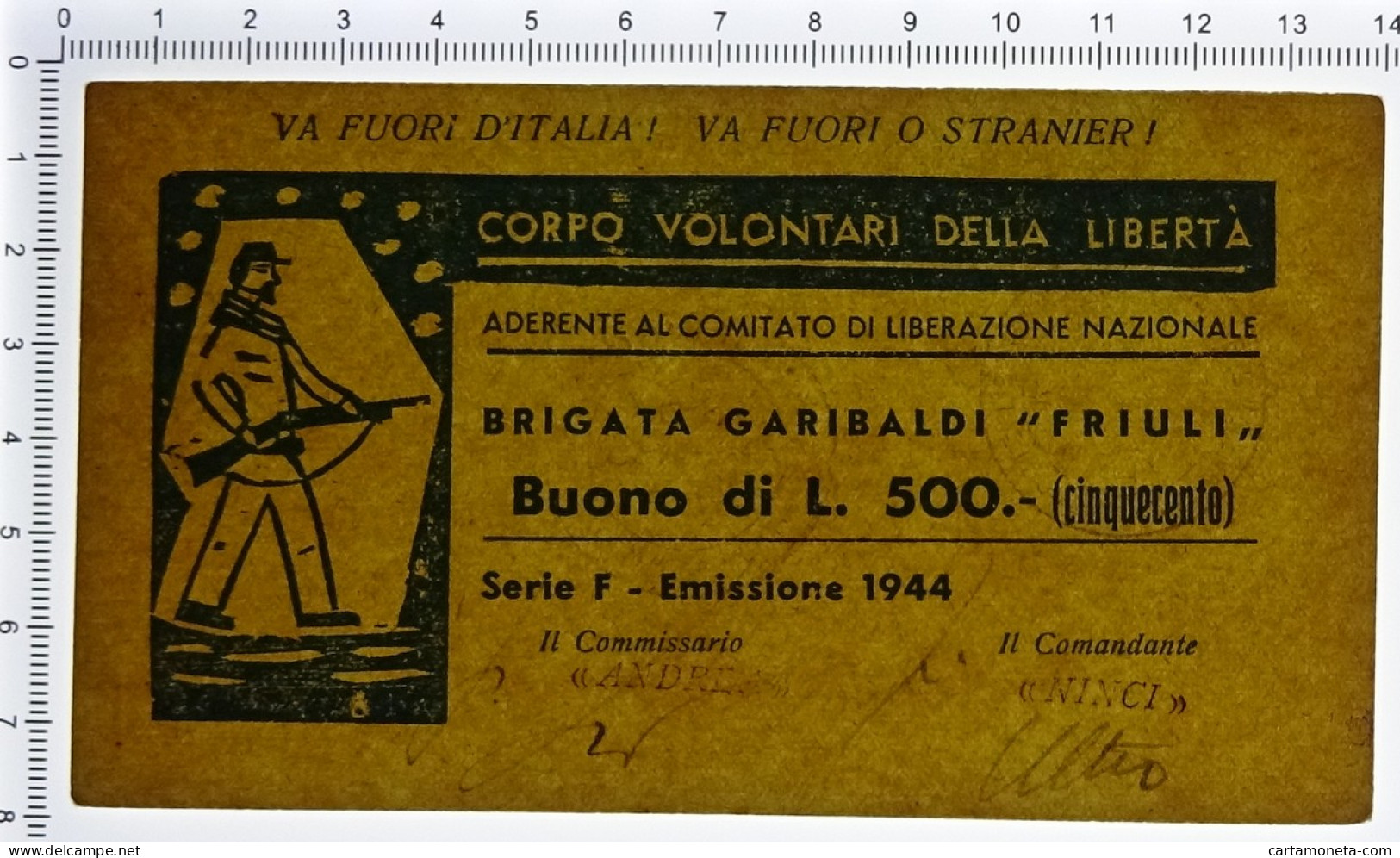 500 LIRE CORPO VOLONTARI DELLA LIBERTÀ BRIGATA GARIBALDI FRIULI SERIE F 1944 SUP - Autres & Non Classés