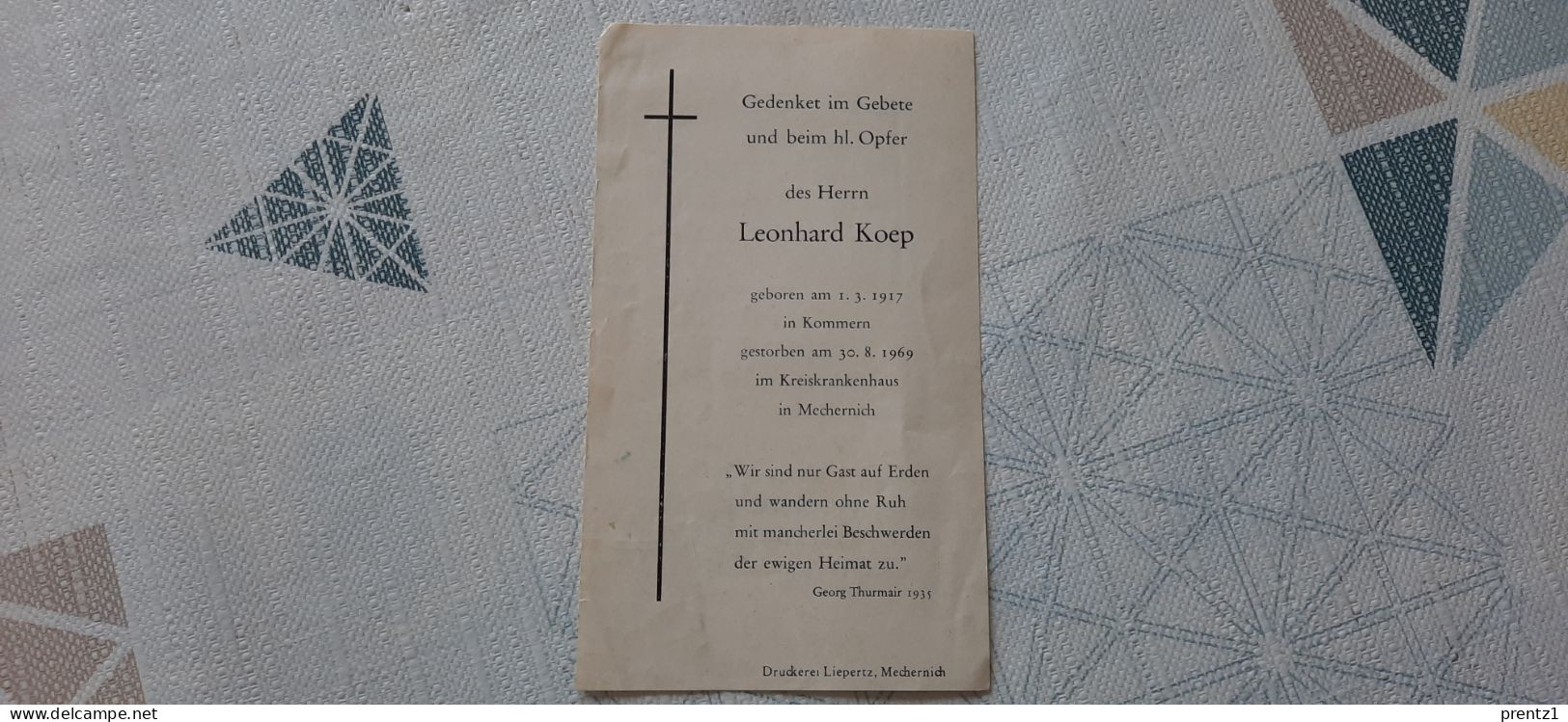 Leonhard Koep Geb. Kommern (D) 1/03/1917 - Gest. Mechernich (D) 30/08/1969 - Devotion Images