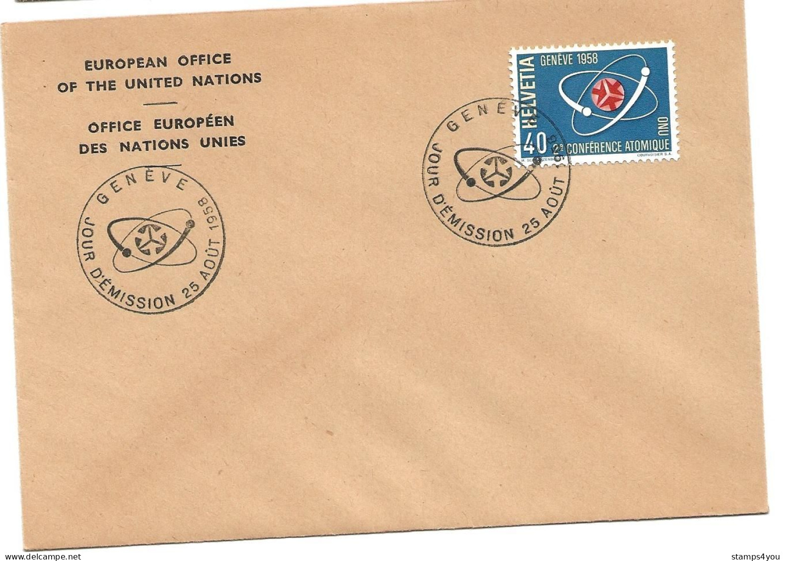 CH - 180 - Enveloppe Avec Timbre Et Oblit Spéciale 1er Jour "2me Conférence Atomique ONU Genève" 1958 - Marcophilie