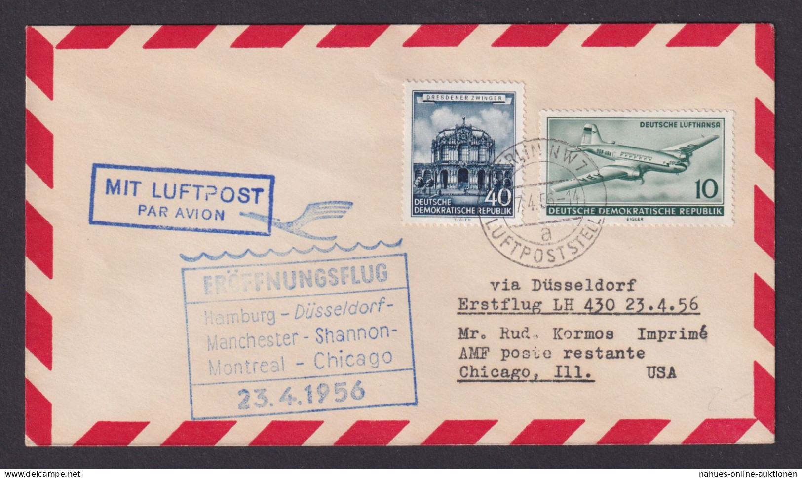 Flugpost DDR Berlin Luftpoststelle Chicago Illionis USA Eröffnung Hamburg - Covers & Documents