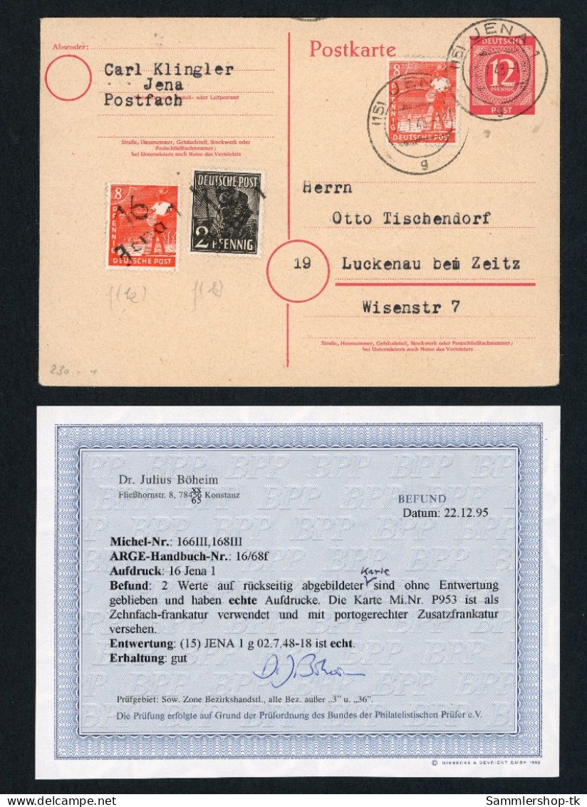 SBZ Ganzsache P953 Mit 166III + 168III , Zehnfachfrankatur Jena , 1948 Befund - Autres & Non Classés